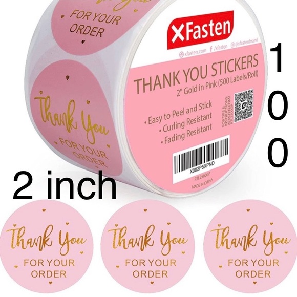 Other - 100 Pink 2 inch Thank you for your order stickers with hearts